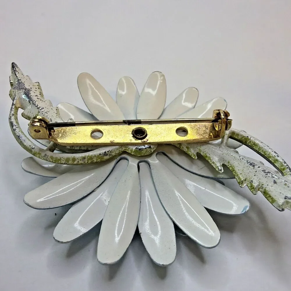 Vintage 1960s Blue Enamel Flower Brooch Rhinestone Mod Flower Power Pin - AS IS